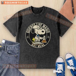 Alt Text: Cute Snoopy science-themed washed t-shirt design, featuring Snoopy with magical elements for a fun, stylish look.