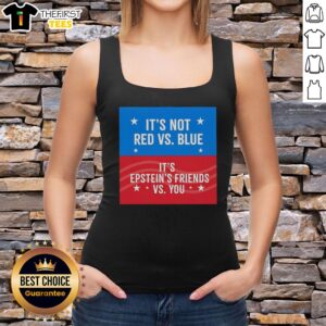 Blue and red tank top featuring 'It's Epstein's Friends vs You' graphic design for a bold fashion statement.
