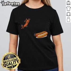 Alt Text: Cute hot dog jumping into a bun on a BBQ-themed ladies tee, perfect for summer cookouts and food lovers.
