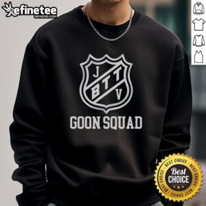 Hot Jbttv Goon Squad Shield Sweatshirt featuring a bold logo design in vibrant colors, perfect for casual wear.