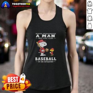 Nice the Peanuts x St. Louis Cardinals tank top featuring 'Never Underestimate a Man Who Plays Baseball in His Seventies.'