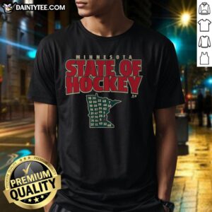 Hot Minnesota State of Hockey T-Shirt featuring bold graphics and vibrant colors, perfect for hockey fans.