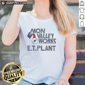 Alt Text: Ladies tee featuring the Nice Mon Valley Works Edgar Thomson Plant design, showcasing industrial heritage and style.