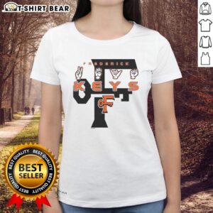 Top Frederick Keys Deaf Awareness 2026 sign with hands on ladies tee, promoting inclusion and accessibility in sports.