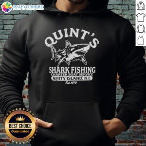 Original Quints Shark Fishing Charter Boat Service hoodie featuring Great White Shark design, Amity Island, est. 1975.