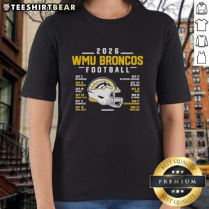 2026 Western Michigan Broncos Football Schedule Ladies Tee featuring team colors and logo, perfect for fans.