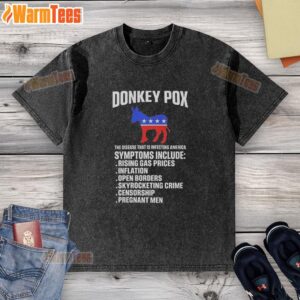 Alt Text: Washed T-shirt featuring a graphic of Nice Donkey Pox, the disease affecting America, highlighting awareness.