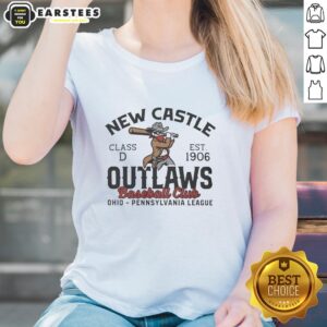 Awesome New Castle Outlaws Baseball 1906 ladies tee featuring vintage design and team logo for stylish sportswear.