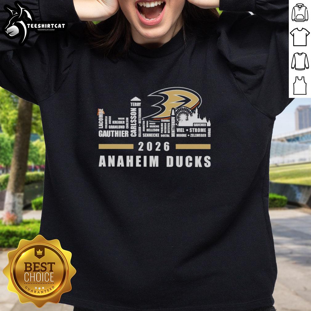 top-anaheim-ducks-nhl-playoffs-2026-name-players-city-skyline-shape-new-vs-sweatshirt Alt Text: 2026 Anaheim Ducks NHL playoffs sweatshirt featuring players' names and city skyline design