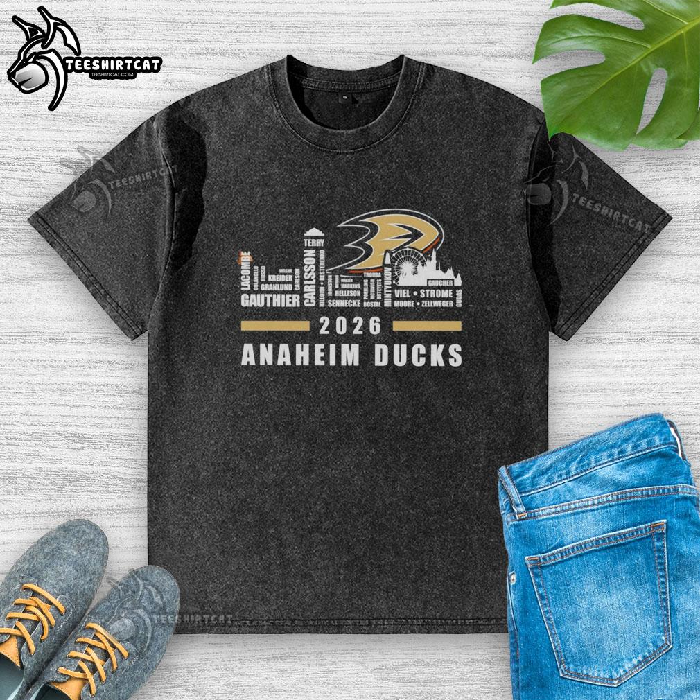 top-anaheim-ducks-nhl-playoffs-2026-name-players-city-skyline-shape-new-vs-washed-t-shirt Alt Text: 2026 Anaheim Ducks NHL Playoffs T-shirt featuring city skyline design and player names in vibrant colors.