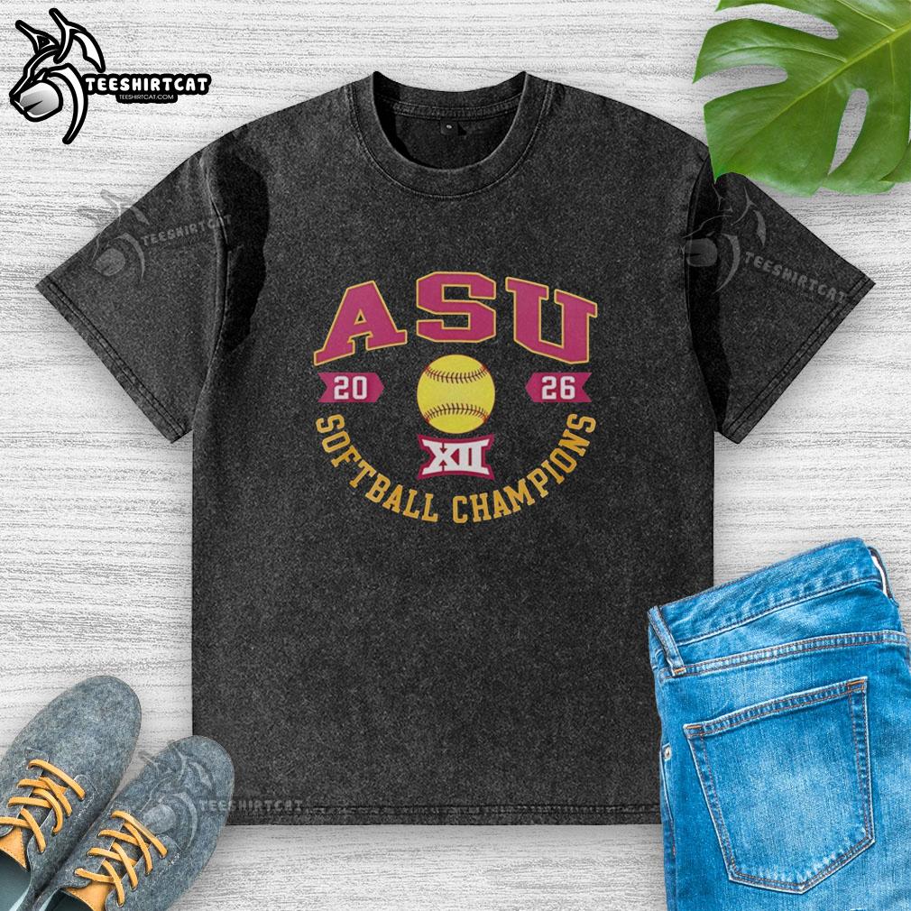 top-arizona-state-sun-devils-2026-big-12-softball-tournament-champions-vintage-washed-t-shirt Vintage washed t-shirt celebrating the Arizona State Sun Devils 2026 Big 12 Softball Tournament Champions.