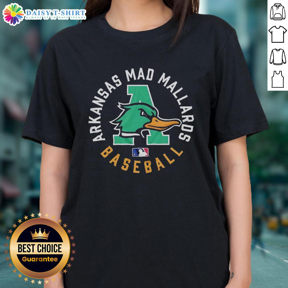 Top Arkansas Mad Mallards Baseball Logo Ladies Tee Alt Text: Top Arkansas Mad Mallards Baseball logo on a stylish ladies tee, perfect for fans of the team.
