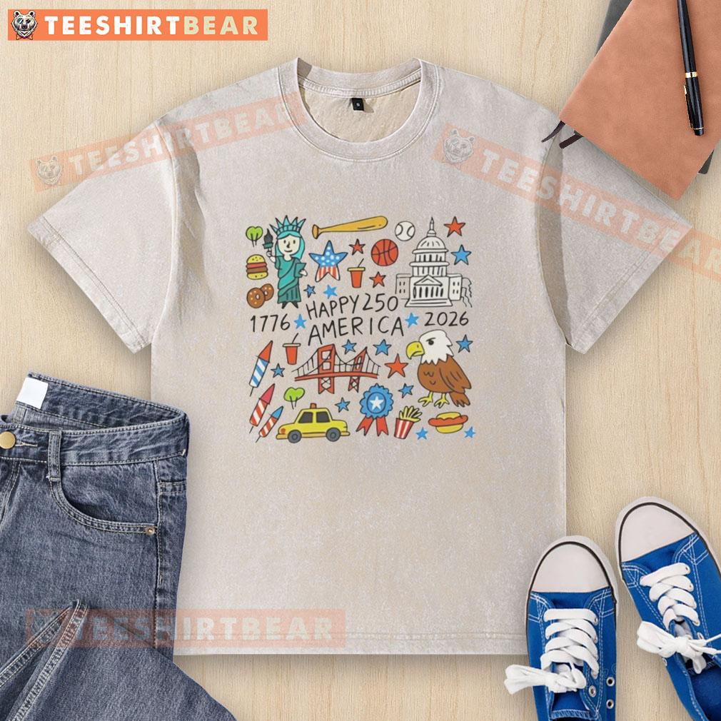 top-happy-250-years-america-1776-2026-doodle-washed-t-shirt Alt Text: Top Happy 250 Years America 1776-2026 doodle design on a washed t-shirt, celebrating U.S. independence anniversary.