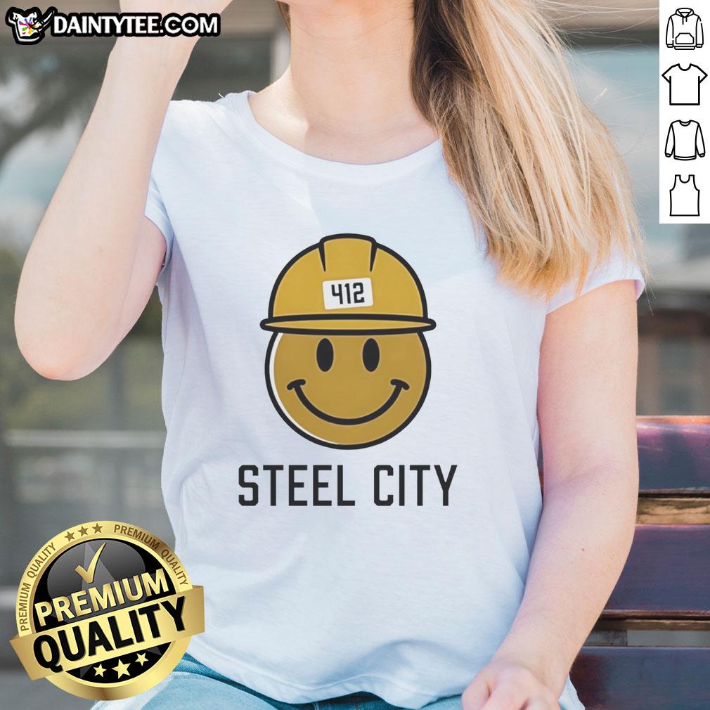 top-icon-steel-city-412-smiley-hardhat-ladies-tee Top Icon Steel City 412 Smiley Hardhat Ladies Tee featuring a cheerful hardhat graphic on a stylish women's t-shirt.