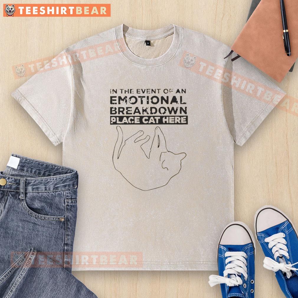 top-in-the-event-of-an-emotional-breakdown-place-cat-here-washed-t-shirt Washed t-shirt featuring 'Top In The Event Of An Emotional Breakdown, Place Cat Here' design for cat lovers and humor fans.