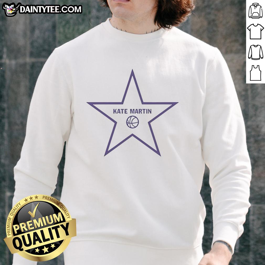 top-kate-martin-los-angeles-sparks-wnba-hollywood-sign-star-shape-sweatshirt Kate Martin in a star-shaped sweatshirt featuring the Los Angeles Sparks logo at the Hollywood Sign.