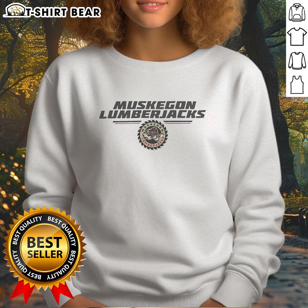 Top Muskegon Lumberjacks Nhl Cogwheel Logo Sweatshirt Alt Text: Cozy sweatshirt featuring the Muskegon Lumberjacks NHL cogwheel logo, perfect for fans and casual wear.