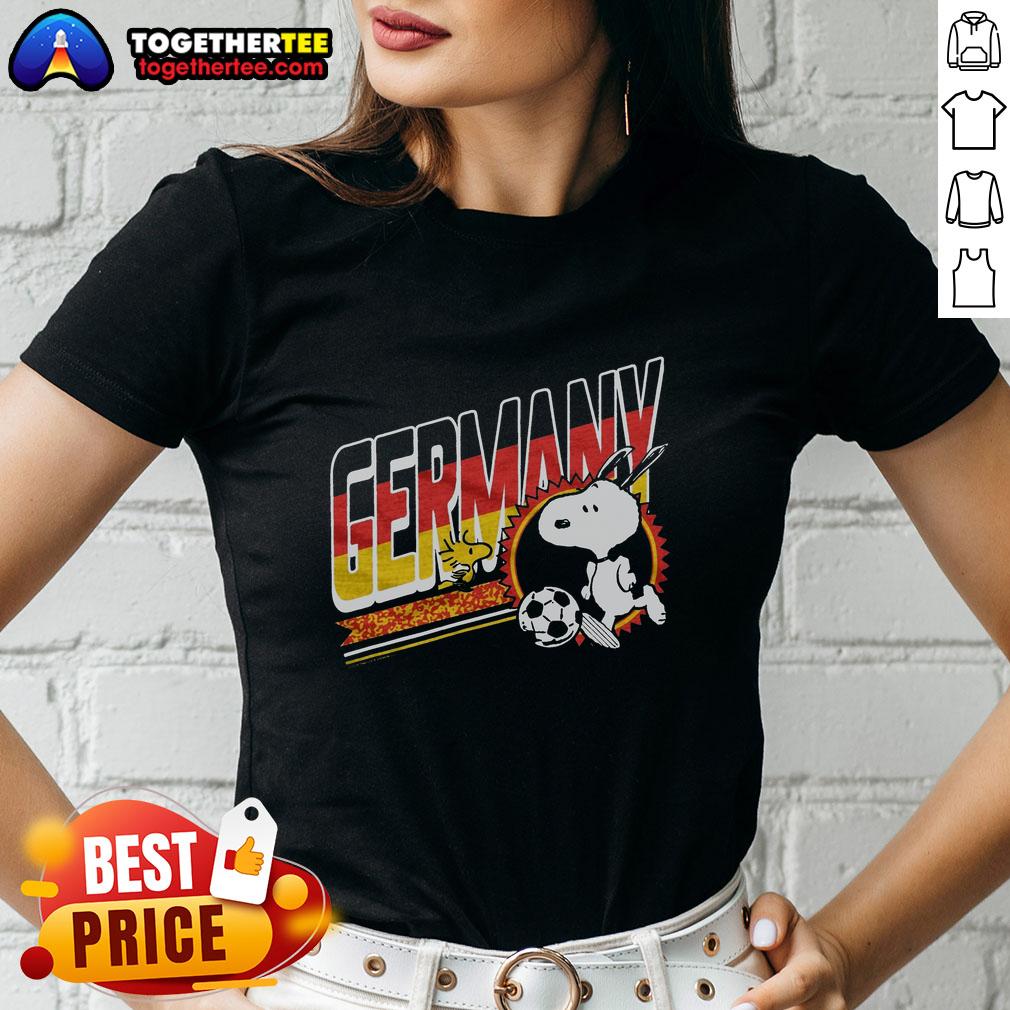 Top Peanuts Snoopy X Germany Soccer Ladies Tee Alt Text: Top Peanuts Snoopy X Germany Soccer Ladies Tee featuring Snoopy in a soccer jersey, perfect for fans and casual wear.