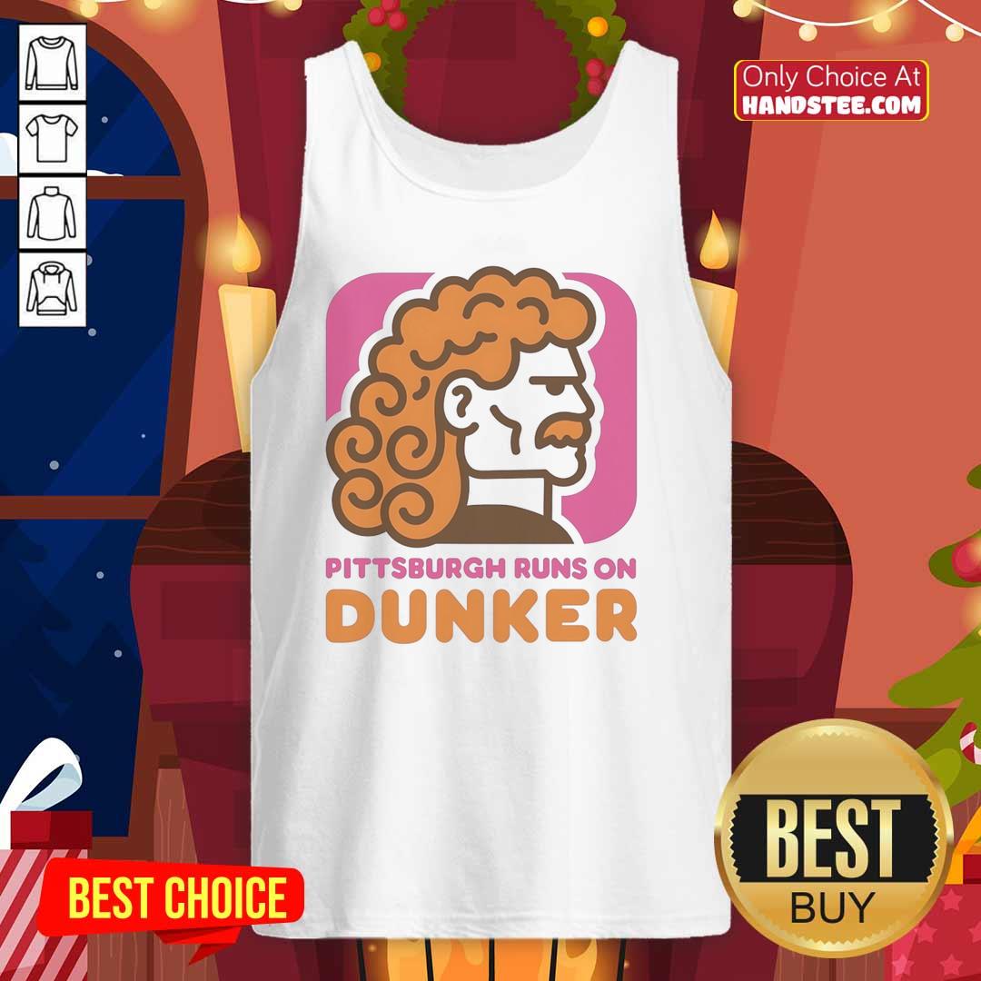 top-pittsburgh-runs-on-dunker-style-dunkin-donut-tank-top Alt Text: Top Pittsburgh Runs on Dunker Style Dunkin Donut Tank Top featuring a playful donut design in vibrant colors.
