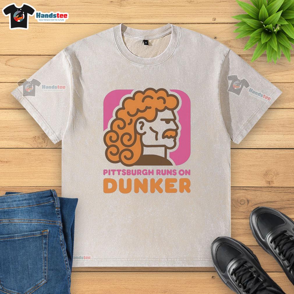 top-pittsburgh-runs-on-dunker-style-dunkin-donut-washed-t-shirt Top Pittsburgh Runs on Dunker Style Dunkin Donut washed t-shirt displayed on a hanger against a vibrant background.