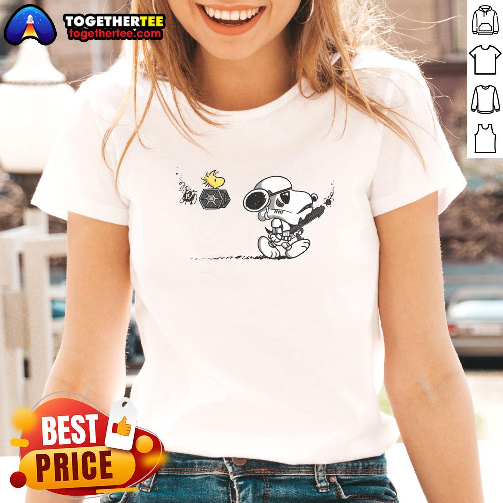 Top Snooptrooper Snoopy And Woodstock X Stormtrooper Star Wars Ladies Tee Alt Text: Top Snooptrooper Snoopy and Woodstock X Stormtrooper Star Wars ladies tee featuring a fun crossover design.