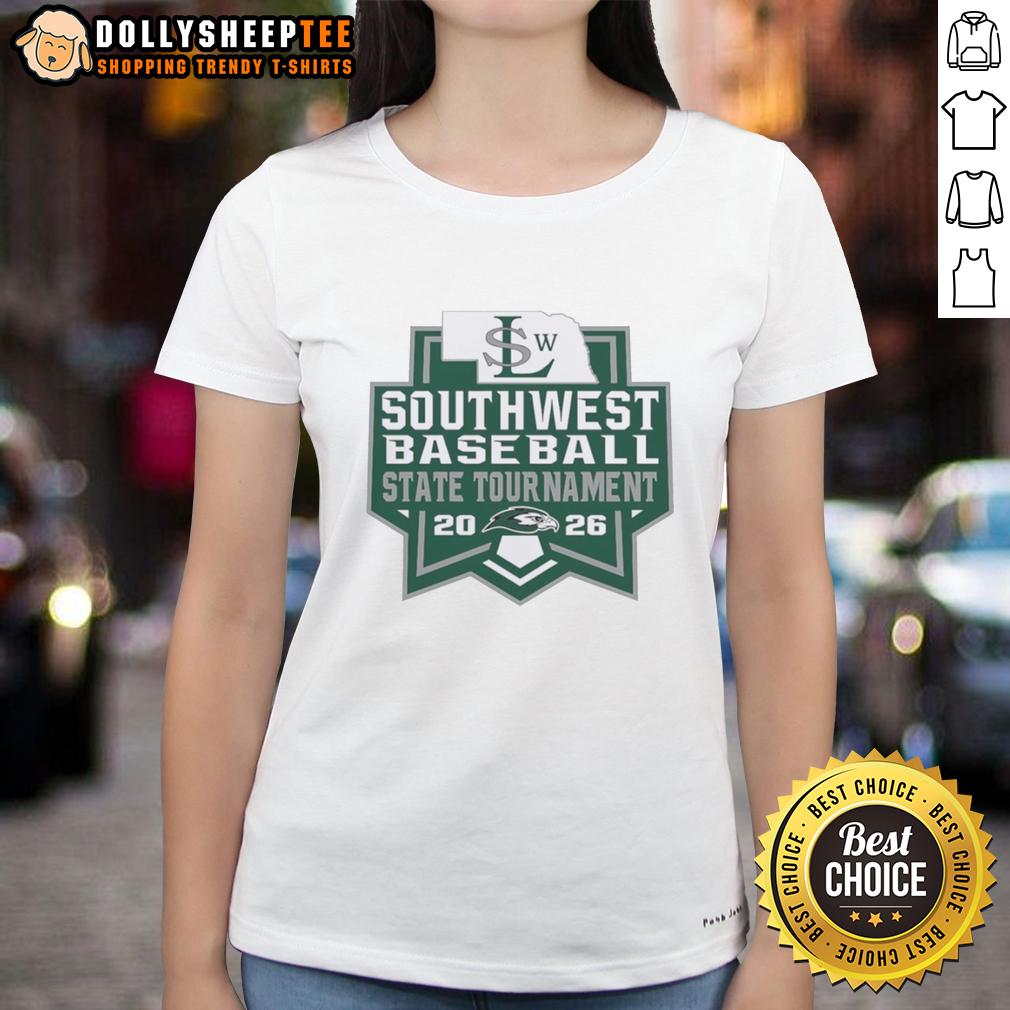 Top Southwest Silver Hawks Baseball State Tournament 2026 Logo Ladies Tee 2026 Top Southwest Silver Hawks Baseball State Tournament logo on a ladies tee shirt, perfect for fans and players.