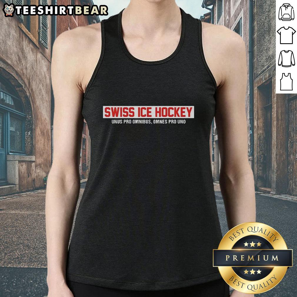 top-swiss-ice-hockey-unus-pro-omnibus-omnes-pro-uno-red-text-tank-top Top Swiss Ice Hockey Unus Pro Omnibus Omnes Pro Uno red text tank top displayed on a mannequin against a neutral background.