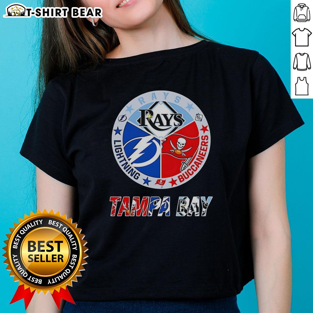 Top Tampa Bay Rays Tampa Bay Lightning And Tampa Bay Buccaneers Mashup Logos Team Ladies-Tee Alt Text: Top Tampa Bay Rays, Lightning, and Buccaneers logos on a ladies tee showcasing team spirit and local pride.