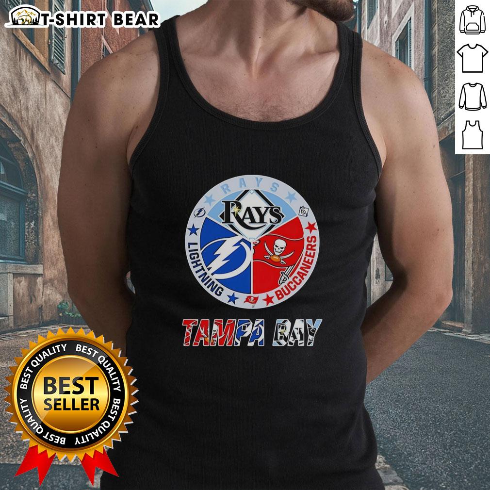 Top Tampa Bay Rays Tampa Bay Lightning And Tampa Bay Buccaneers Mashup Logos Team Tank Top Alt Text: Mashup logos of Tampa Bay Rays, Lightning, and Buccaneers on a team tank top design.
