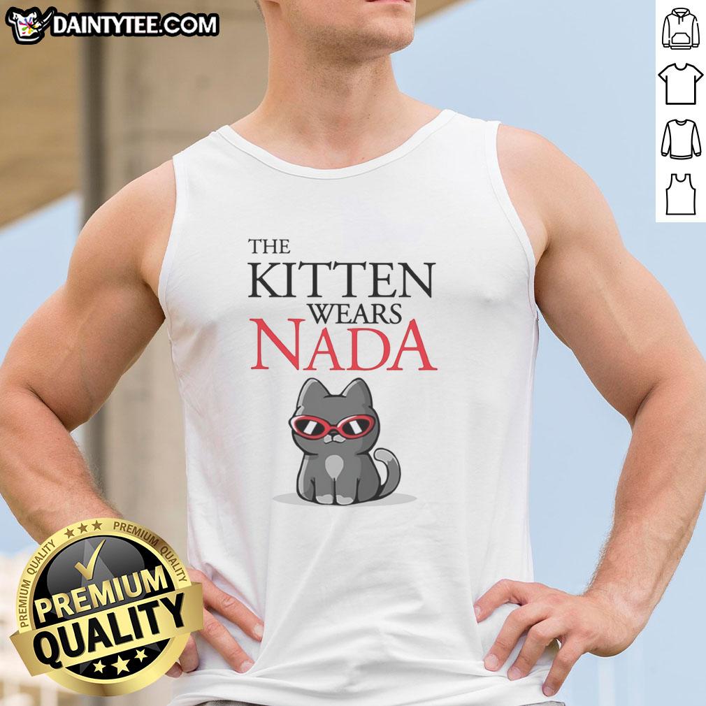 top-the-kitten-wears-nada-cat-sunglasses-tank-top Top the kitten wears stylish cat sunglasses and a cute tank top, showcasing her playful personality and trendy fashion.