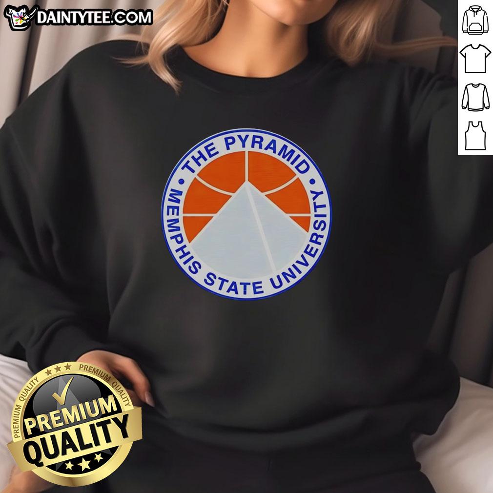 top-the-pyramid-memphis-state-university-sweatshirt Alt Text: Memphis State University sweatshirt featuring 'Top the Pyramid' design, perfect for fans and alumni apparel.