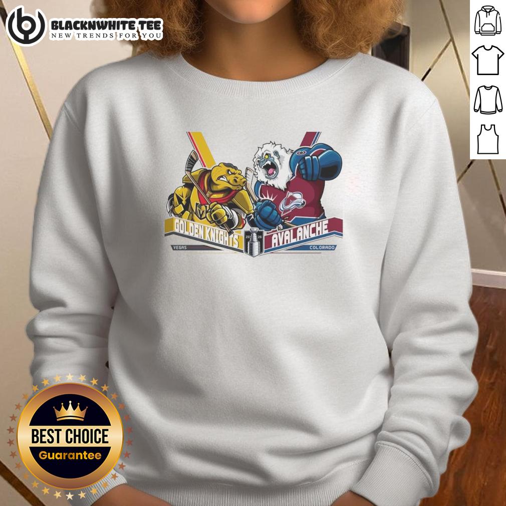 Top Vegas Golden Knights Vs Colorado Avalanche Western Conference Finals 2026 Hockey Mascot Sweatshirt Alt Text: 2026 Western Conference Finals sweatshirt featuring Vegas Golden Knights and Colorado Avalanche hockey mascots.