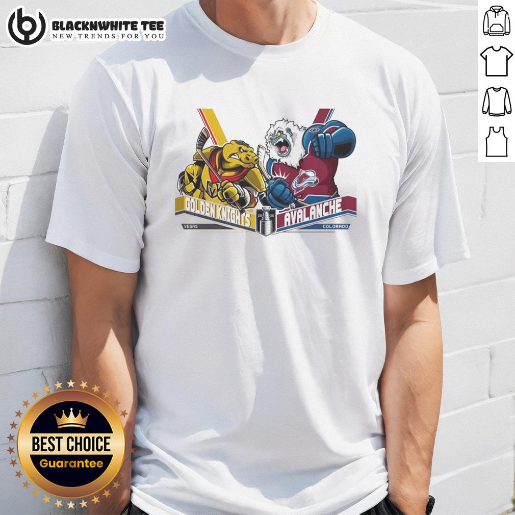 Top Vegas Golden Knights Vs Colorado Avalanche Western Conference Finals 2026 Hockey Mascot T-Shirt Vegas Golden Knights vs Colorado Avalanche 2026 Western Conference Finals hockey mascot t-shirt design featuring team logos.