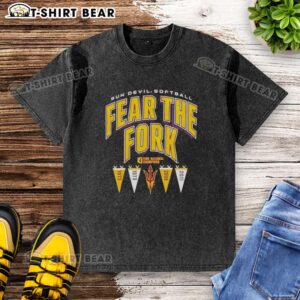Alt Text: 2026 Arizona State Sun Devils NCAA Softball 'Fear The Fork' washed t-shirt in maroon, perfect for fans and athletes.