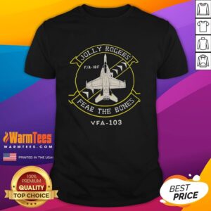 Official Jolly Rogers Fear The Bones VFA 103 T-Shirt featuring a bold design of the iconic skull and crossbones emblem.