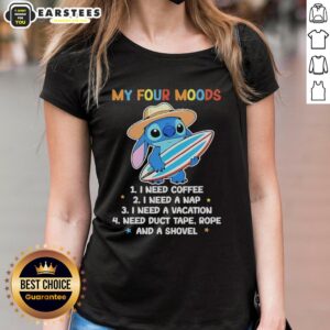 Alt Text: Cute Stitch My Four Moods ladies tee featuring coffee, nap, and vacation themes for a fun, casual look.