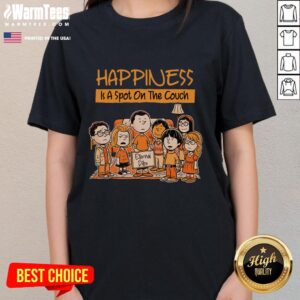 Hot Funny Peanuts tee featuring 'Happiness Is A Spot On The Couch' design, perfect for ladies who love humor and comfort.