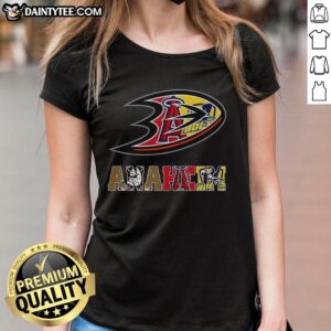 Collage of Anaheim Ducks NHL logos and other Anaheim sports teams on a ladies' tee, perfect for sports fans.
