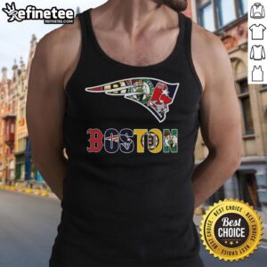 Collage of New England Patriots NFL and Boston sports team logos on a stylish tank top for fans.