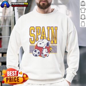 Top Peanuts Snoopy X Spain soccer sweatshirt featuring Snoopy in a soccer jersey, perfect for fans and sport lovers.
