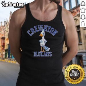 Alt Text: Funny Creighton Blue Jays grumpy mascot tank top design, perfect for fans of the team and humorous apparel.