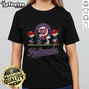 Alt Text: Good Snoopy, Charlie Brown, Linus, and Lucy in Washington Nationals baseball jerseys on ladies' tees.