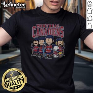 Good Montreal Canadiens Peanuts cartoon team ice hockey t-shirt featuring Snoopy and friends in team colors.