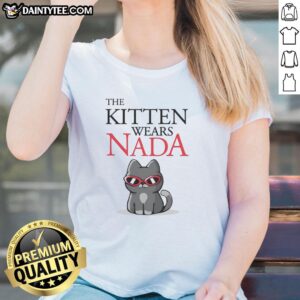 Cute kitten wearing stylish cat sunglasses on a ladies tee, perfect for cat lovers and fashion enthusiasts.