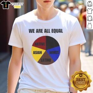 Top We Are All Equal native Asian Latino White pie chart T-shirt design showcasing diversity and unity in colors.
