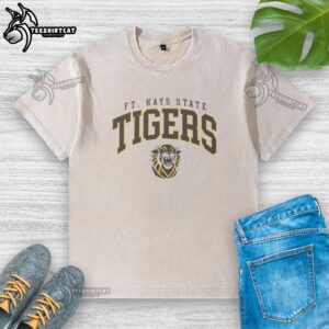 Alt Text: Classic Fort Hays State Tigers logo on a washed t-shirt, perfect for fans of FHSU apparel and casual style.