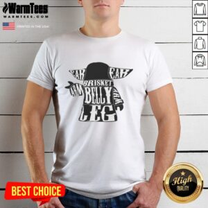 Alt Text: Cute Baby Yoda graphic on a soft t-shirt featuring brisket design, perfect for Star Wars fans and casual wear.