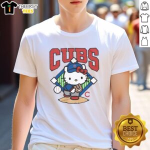 Adorable Cute Hello Kitty X Chicago Cubs Pitch T-Shirt featuring Hello Kitty in Cubs gear, perfect for baseball fans.