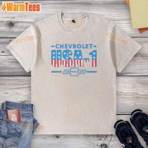 Alt Text: Premium Chevrolet USA Flag One Washed T-Shirt featuring a stylish design, perfect for patriotic car enthusiasts.