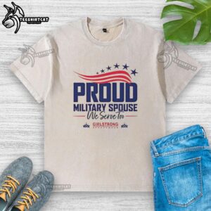 Alt Text: Original Proud Military Spouse We Serve Too USA T-shirt featuring American flag and stars, celebrating 250th anniversary.